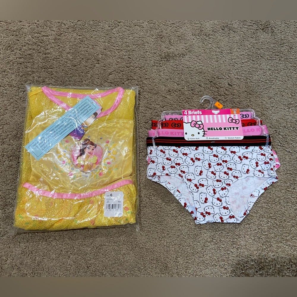 Girls Size 6 Lot Disney Princess Belle Nightgown Sanrio Hello Kitty 4 Pk Briefs